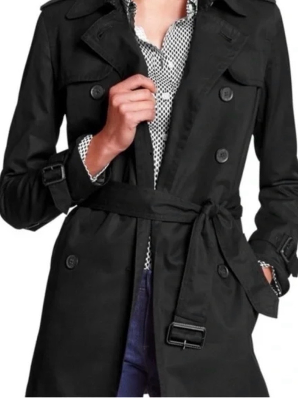 Women’s GAP Black Double Breasted 3/4 Length Trench Coat~Size Medium~100% Cotton